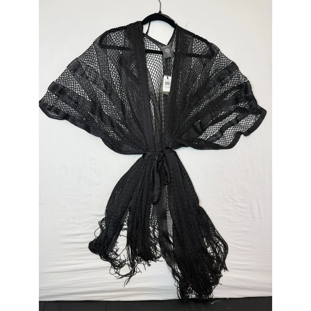 NWT Vince Camuto Plus Size Belted Metallic Topper w/ Fringe Shawl w/ Tie Belt
